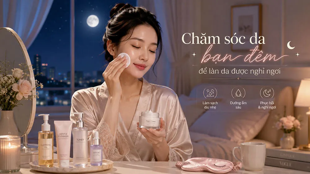 chăm sóc da ban đêm giúp làn da được làm sạch dưỡng ẩm và nghỉ ngơi sau một ngày dài