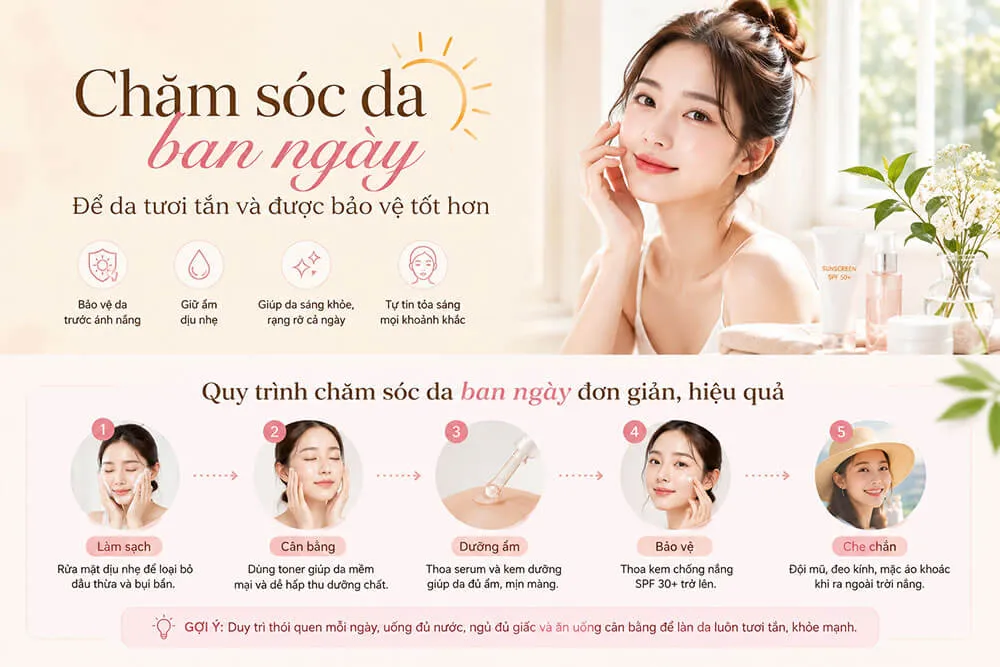 chăm sóc da ban ngày giúp da tươi tắn đủ ẩm và được bảo vệ trước ánh nắng
