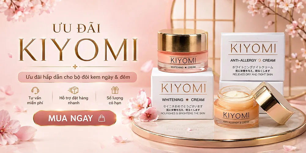 Banner ưu đãi hấp dẫn mua bộ đôi kem ngày và đêm KIYOMI